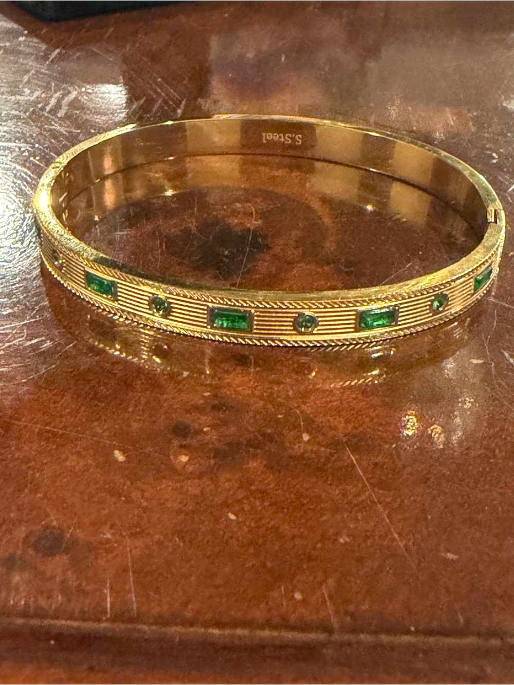 Gold Bangle Bracelet with Green Stones - Women Jewelry
